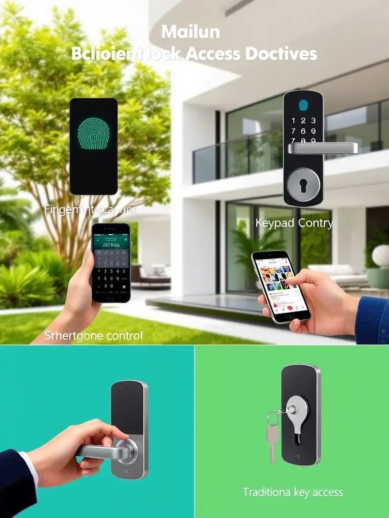 A collage showcasing the various access methods of TTLock smart locks, including fingerprint scanning, keypad entry, smartphone app control, and traditional key access. The background is a modern Panamanian home.