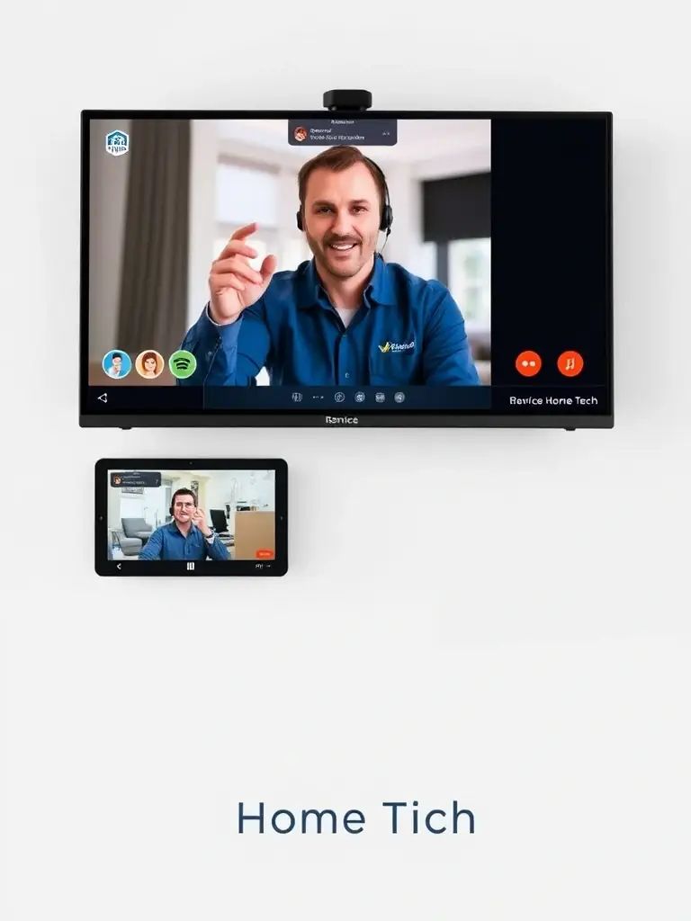 A screenshot of Service Home Tech's remote support interface, showing a technician assisting a customer with a security system configuration. The interface includes video conferencing, screen sharing, and remote access tools, all branded with the company's logo.