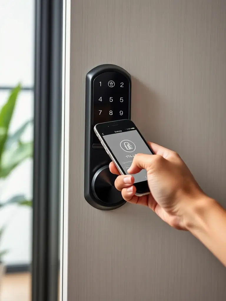 A close-up shot of a hand unlocking a TTLock smart lock using a smartphone app, showcasing the convenience of app-based access. The background is a modern apartment door in Panama.