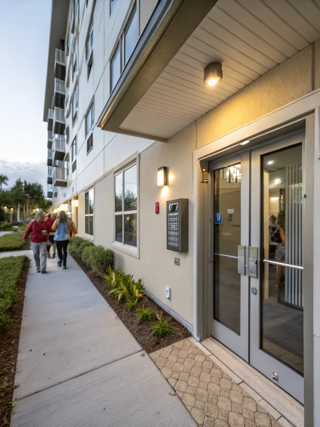 An access control system installed at the entrance of an apartment building, featuring a keypad and card reader. Residents are shown using the system to gain access, highlighting its convenience and security features.
