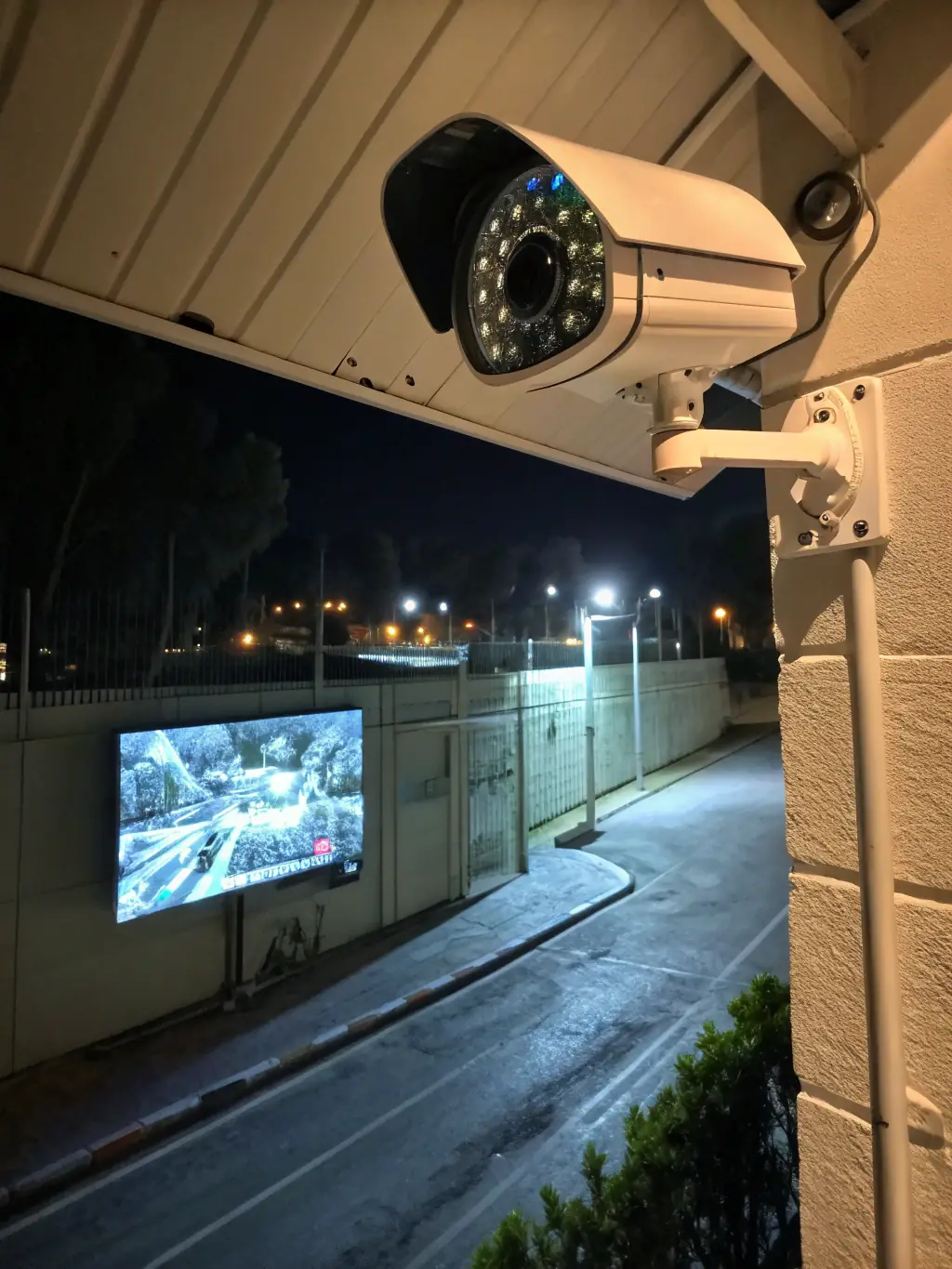 A Hikvision CCTV camera monitoring a building entrance at night, showcasing its infrared capabilities and clear image quality, emphasizing 24/7 surveillance for building security in Panama.
