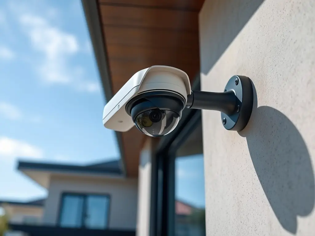 A wide-angle shot of a Hikvision CCTV camera installed on the exterior wall of a modern apartment building in Panama, capturing a clear view of the entrance and surrounding area. The image should convey a sense of security and advanced technology.