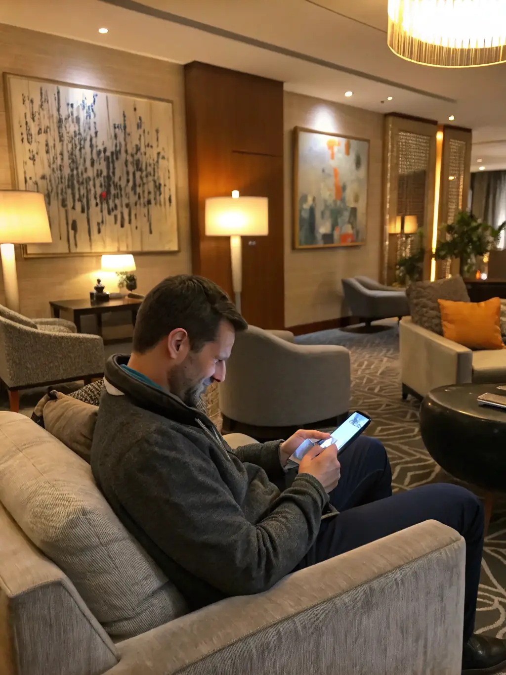 A guest leaving a positive review on their phone after experiencing a seamless stay at an Airbnb property. The phone screen displays a 5-star rating and a comment about the convenience of the smart home features.