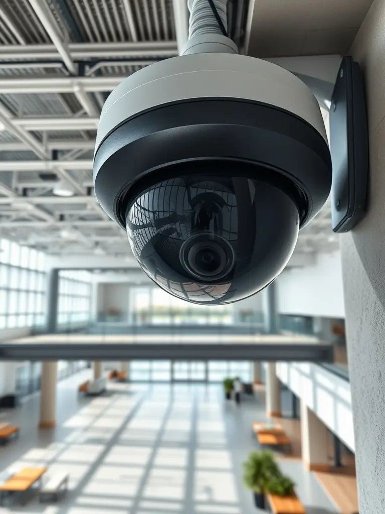 A Hikvision PTZ camera mounted on the rooftop of a commercial building, panning across the cityscape. The camera is capturing a wide view of the surrounding area, demonstrating its ability to monitor large areas with ease.