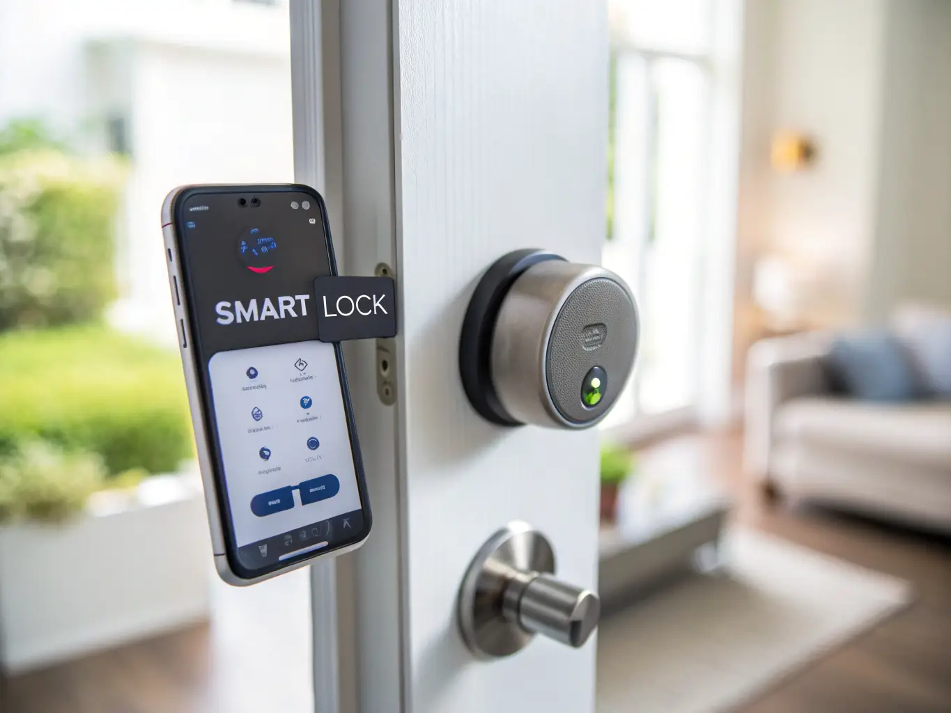 A close-up shot of a TTLock smart lock being installed on a modern apartment door, with a smartphone displaying the TTLock app interface in the background, showcasing the ease of remote access control.