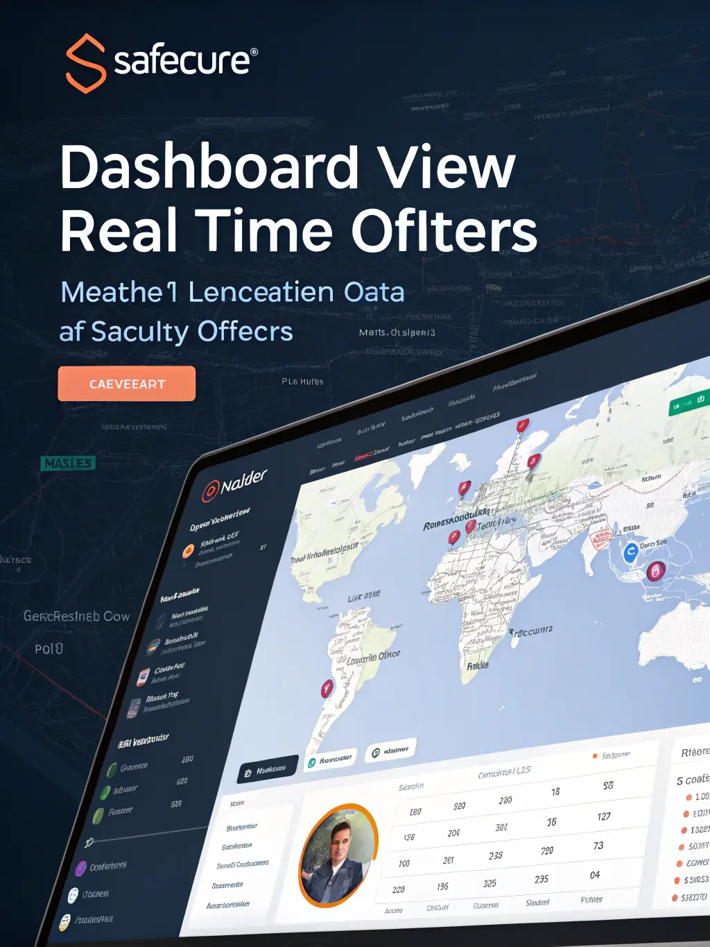 A modern security dashboard interface displaying real-time data from multiple CCTV cameras, access control systems, and smart sensors within a building. The dashboard features interactive charts, maps, and alerts, all rendered in a dark blue and orange color scheme.