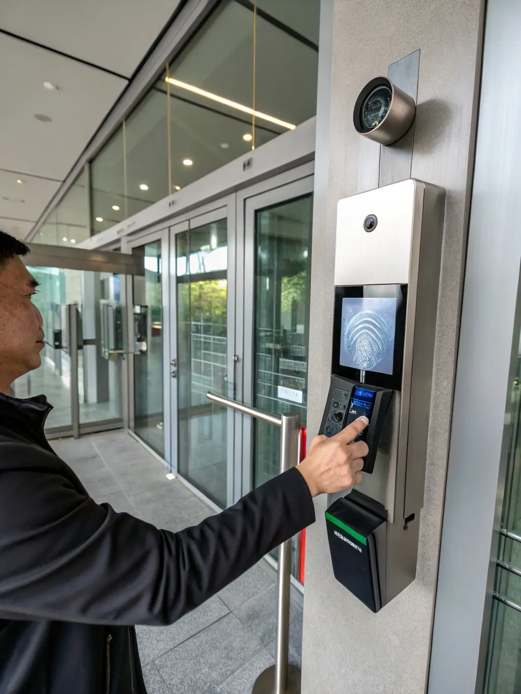 A modern access control system with facial recognition technology installed at an office building entrance, highlighting its advanced security features and ease of use for access management in Panama.