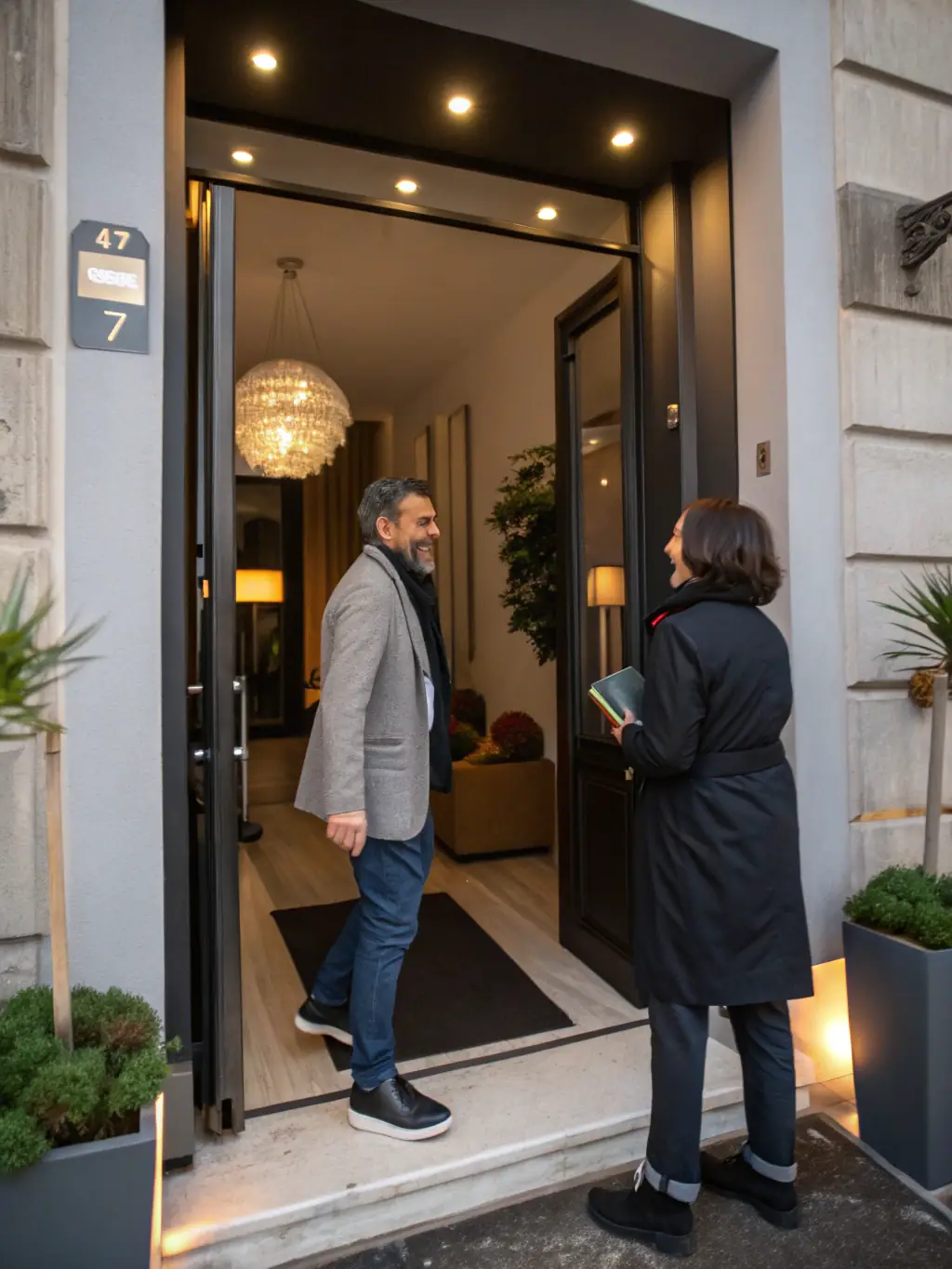A friendly Airbnb host warmly greets a guest at the door of a modern apartment, showcasing a welcoming and secure environment. The scene is brightly lit, emphasizing the ease and comfort of the check-in process.
