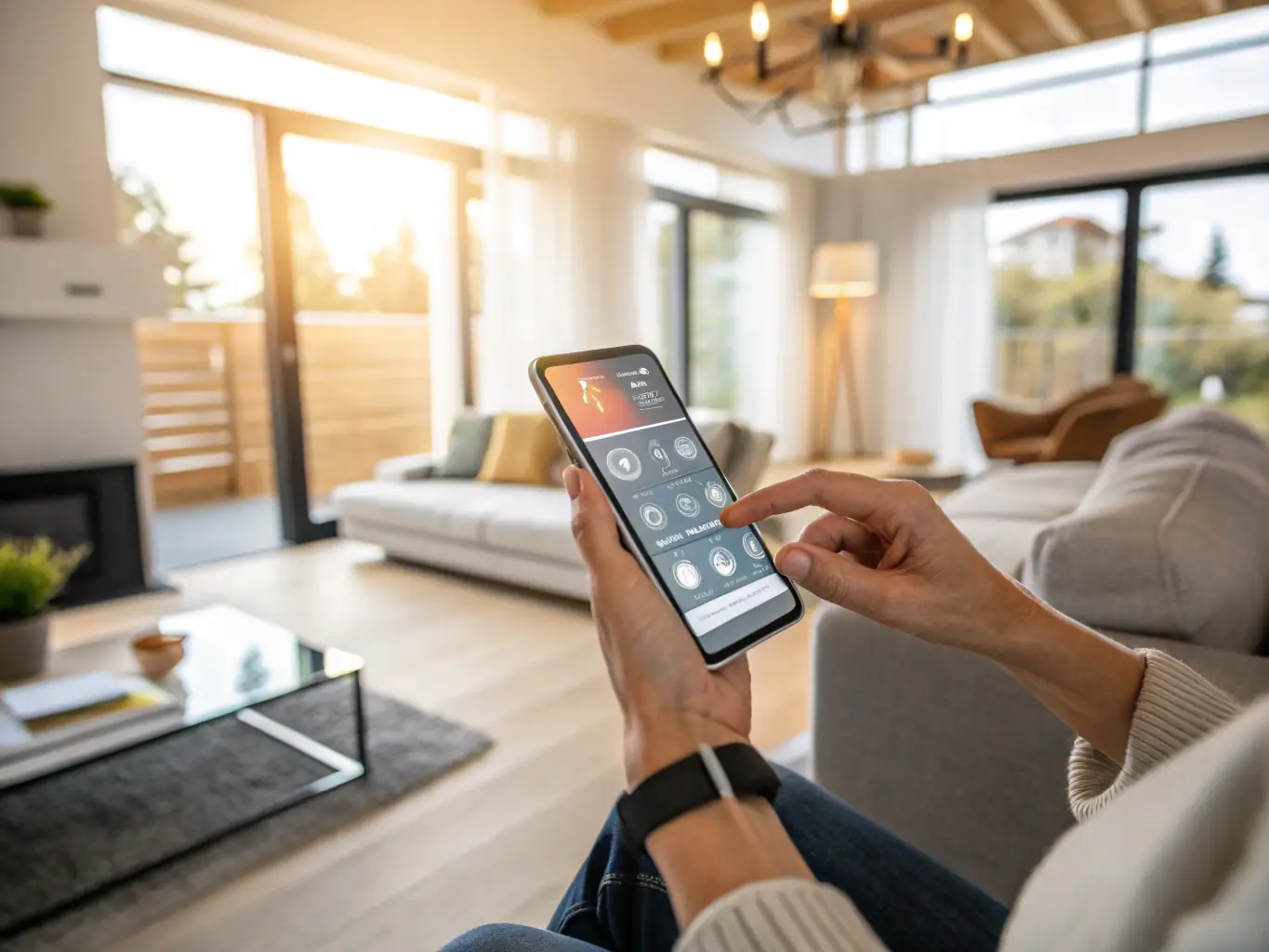 A person using a smartphone to control smart home devices, such as lights and thermostats, remotely. The background shows a modern home interior, emphasizing the convenience of remote control.