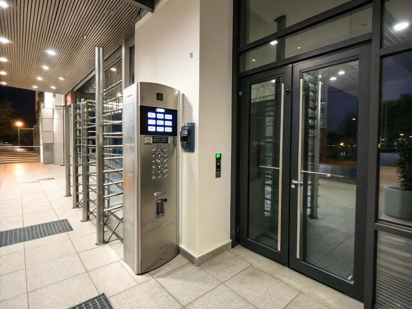 A close-up shot of a modern access control system installed at the entrance of an office building in Panama. The system features facial recognition, a card reader, and a fingerprint scanner, showcasing the various access methods available.