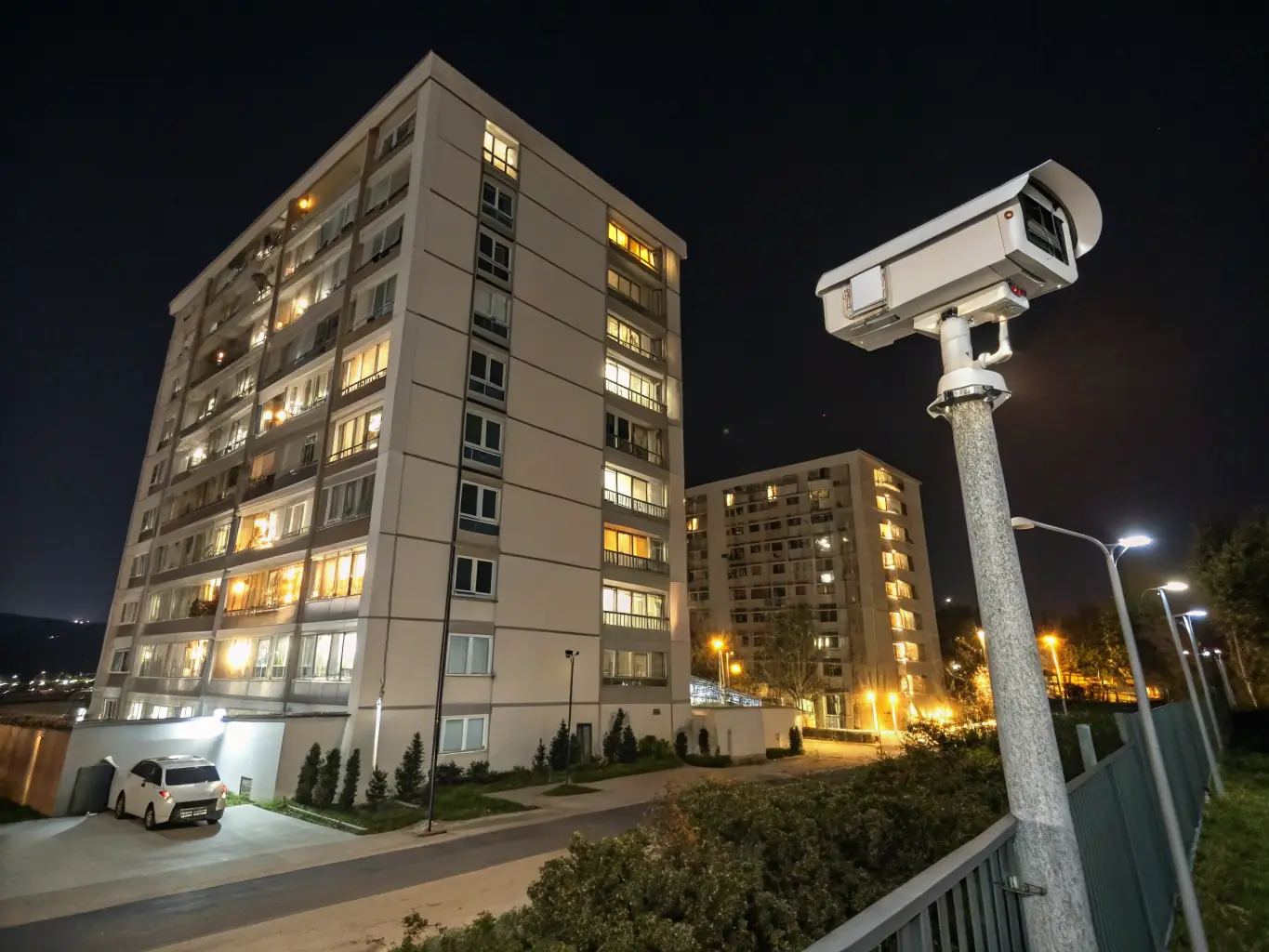 A nighttime shot of a residential building in Panama, illuminated by strategically placed security lights and monitored by visible CCTV cameras. The image should create a sense of safety and security for the residents.
