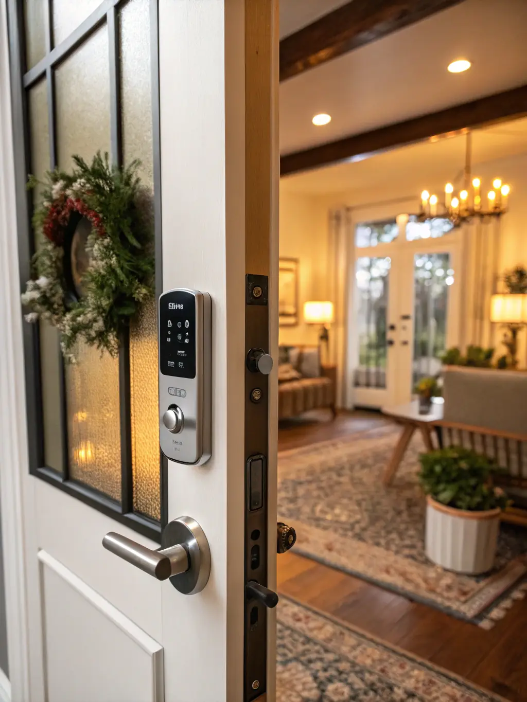A TTLock smart lock installed on the front door of an Airbnb property, showcasing its sleek design and advanced features. The lock is illuminated, highlighting its digital keypad and fingerprint scanner.