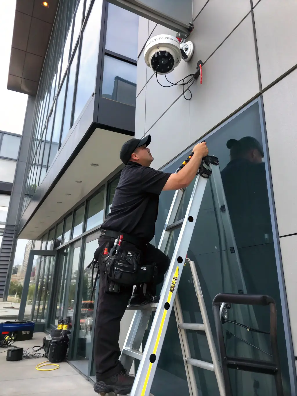 A technician installing a Hikvision camera on the exterior of a commercial building, emphasizing the professional installation services offered by Service Home Tech for building security solutions in Panama.