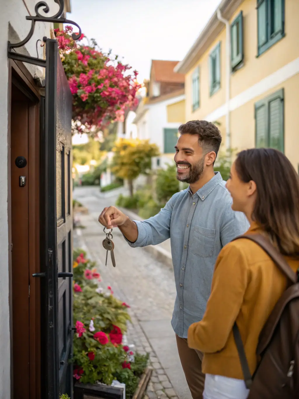 A friendly Airbnb host warmly welcomes a guest into a modern apartment, showcasing the ease and comfort of the check-in process. The scene is brightly lit, emphasizing the welcoming atmosphere and the convenience of the stay.