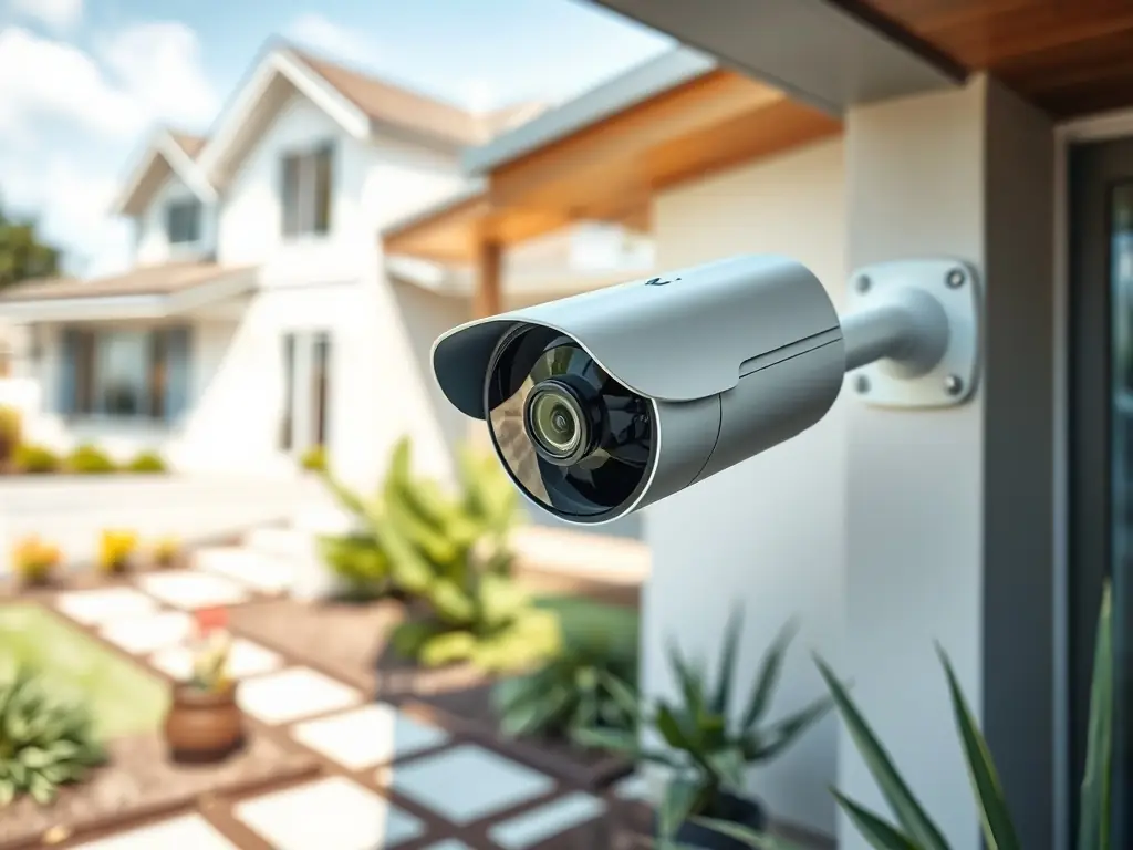 A Hikvision CCTV camera monitoring a residential property, with a focus on its wide-angle view and high-definition image quality, ensuring comprehensive surveillance and security for Airbnb hosts.