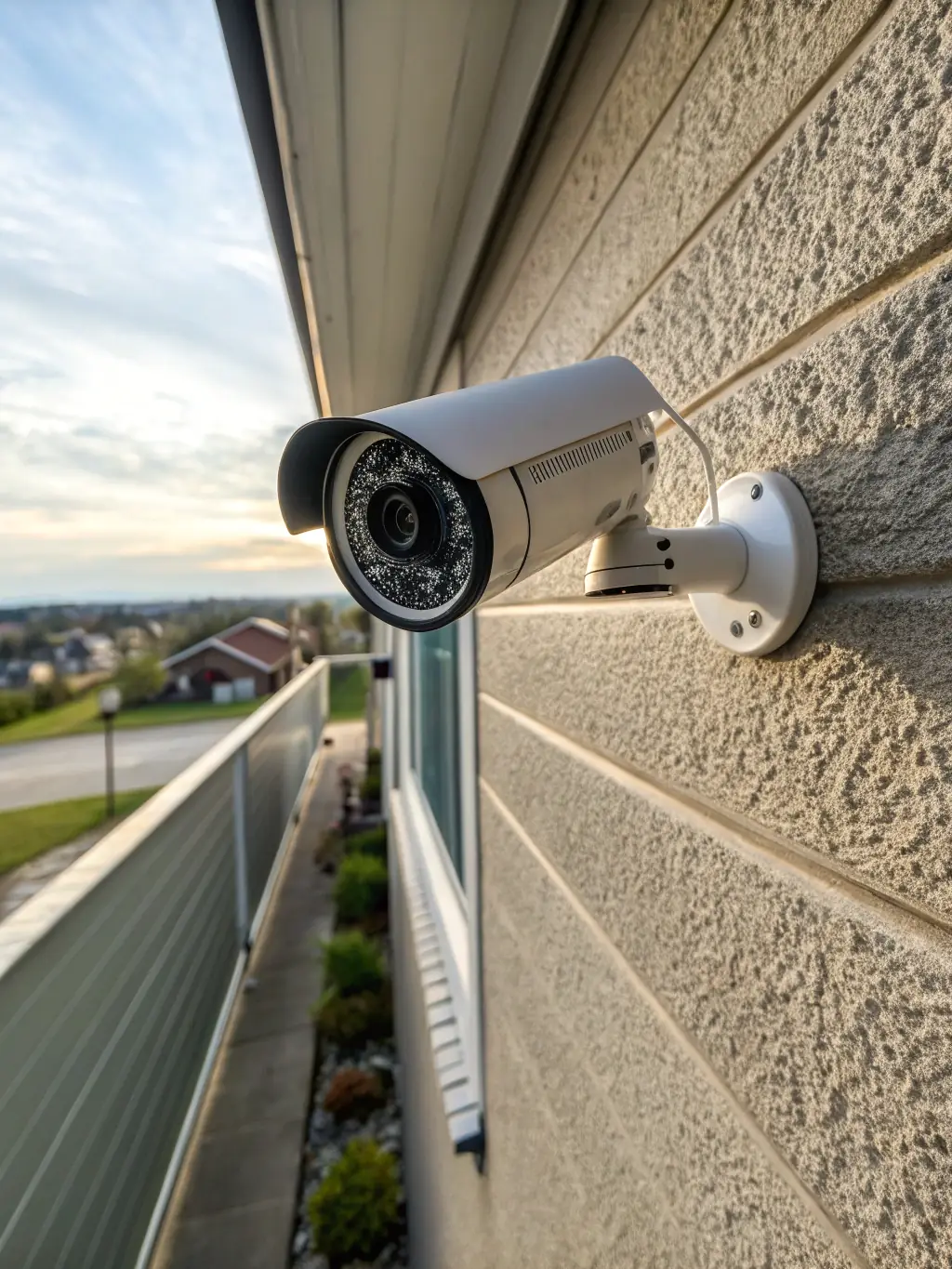 A Hikvision bullet camera installed on the exterior wall of a residential building, overlooking the entrance. The camera is positioned to capture clear footage of anyone approaching the building, showcasing its effectiveness in outdoor surveillance.