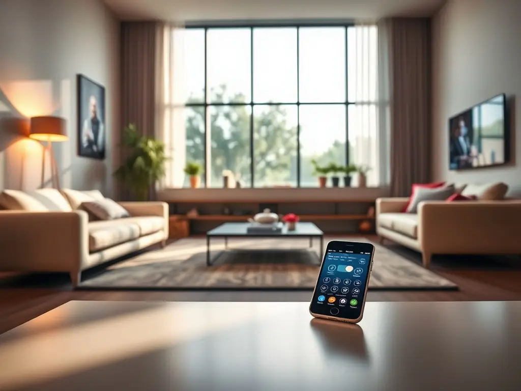 A brightly lit modern living room showcasing smart lighting controlled via a smartphone app. The scene emphasizes the ambiance and convenience of automated lighting solutions.
