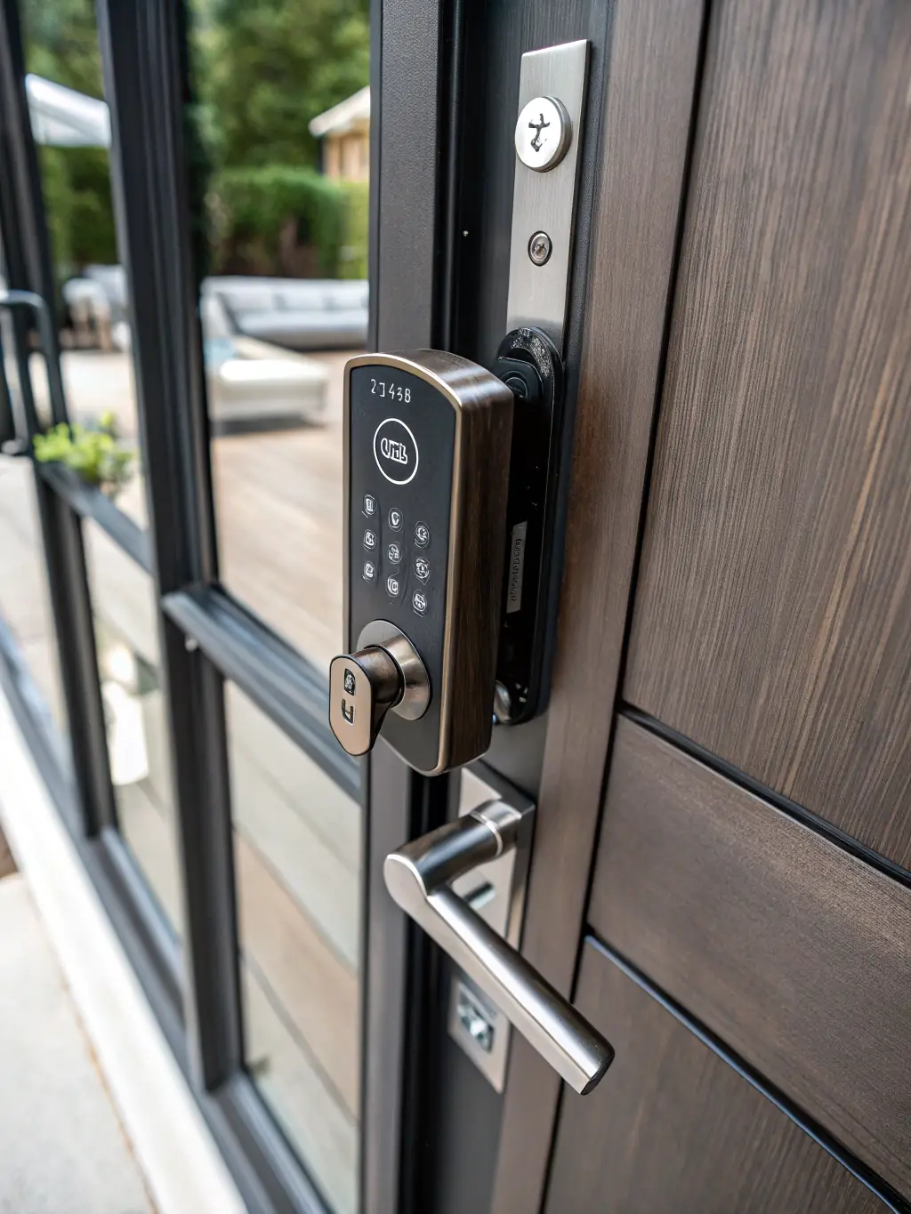 A TTLock smart lock installed on the front door of an Airbnb property, showcasing its sleek design and advanced security features, providing keyless entry and remote access control for hosts and guests.
