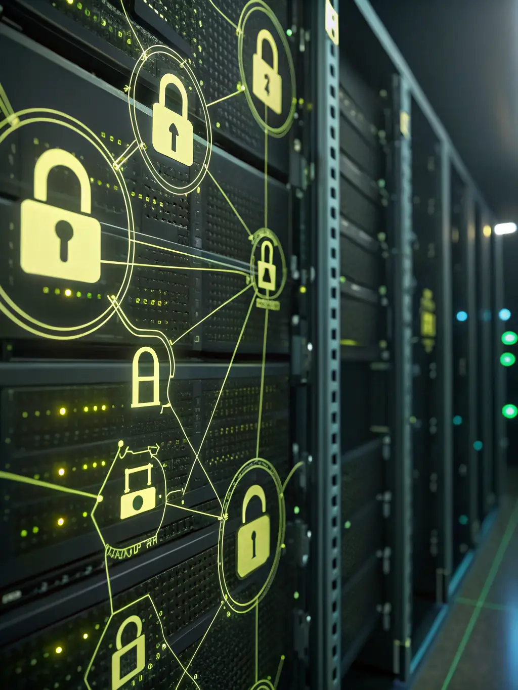 An illustration depicting a secure data center with multiple servers and network devices, emphasizing the robust infrastructure and advanced security measures used to protect customer data. The illustration includes visual elements such as firewalls, encryption keys, and intrusion detection systems.