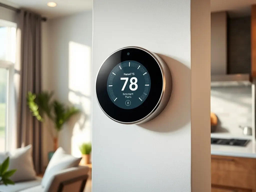 A modern thermostat displaying energy-saving settings, integrated into a smart home system. The image highlights the energy efficiency and precise control offered by smart thermostats.