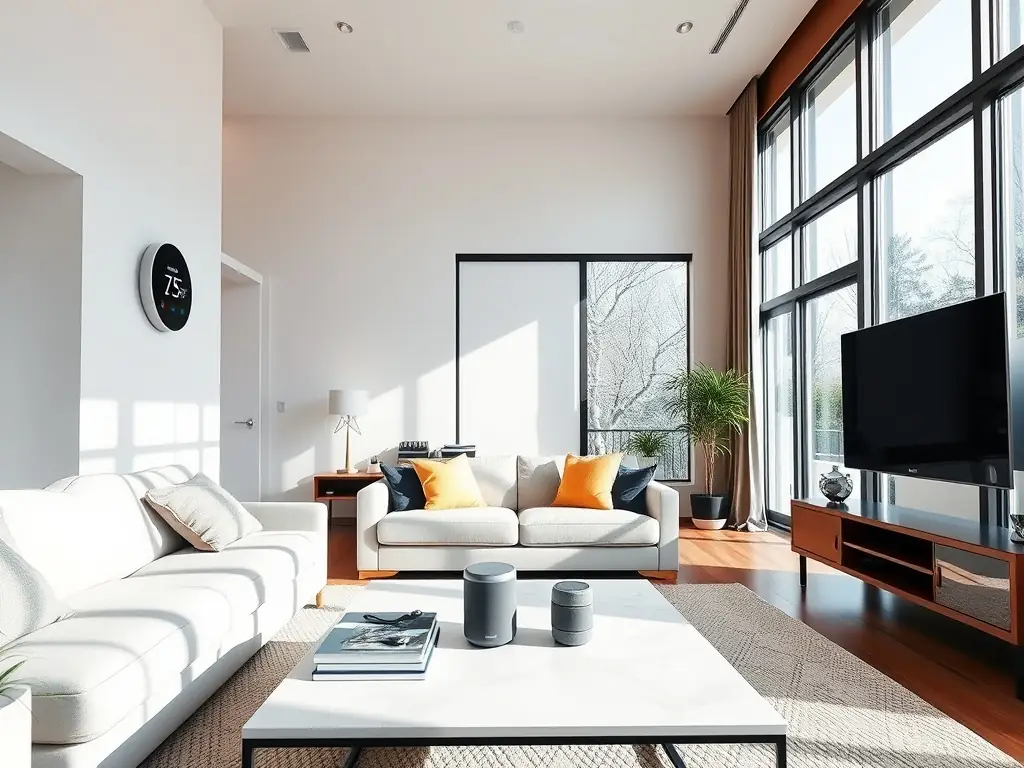 A modern living room showcasing a smart home setup with integrated lighting, a smart thermostat, and a voice assistant device. The room is well-lit and features contemporary furniture, highlighting the convenience and comfort of a smart home.